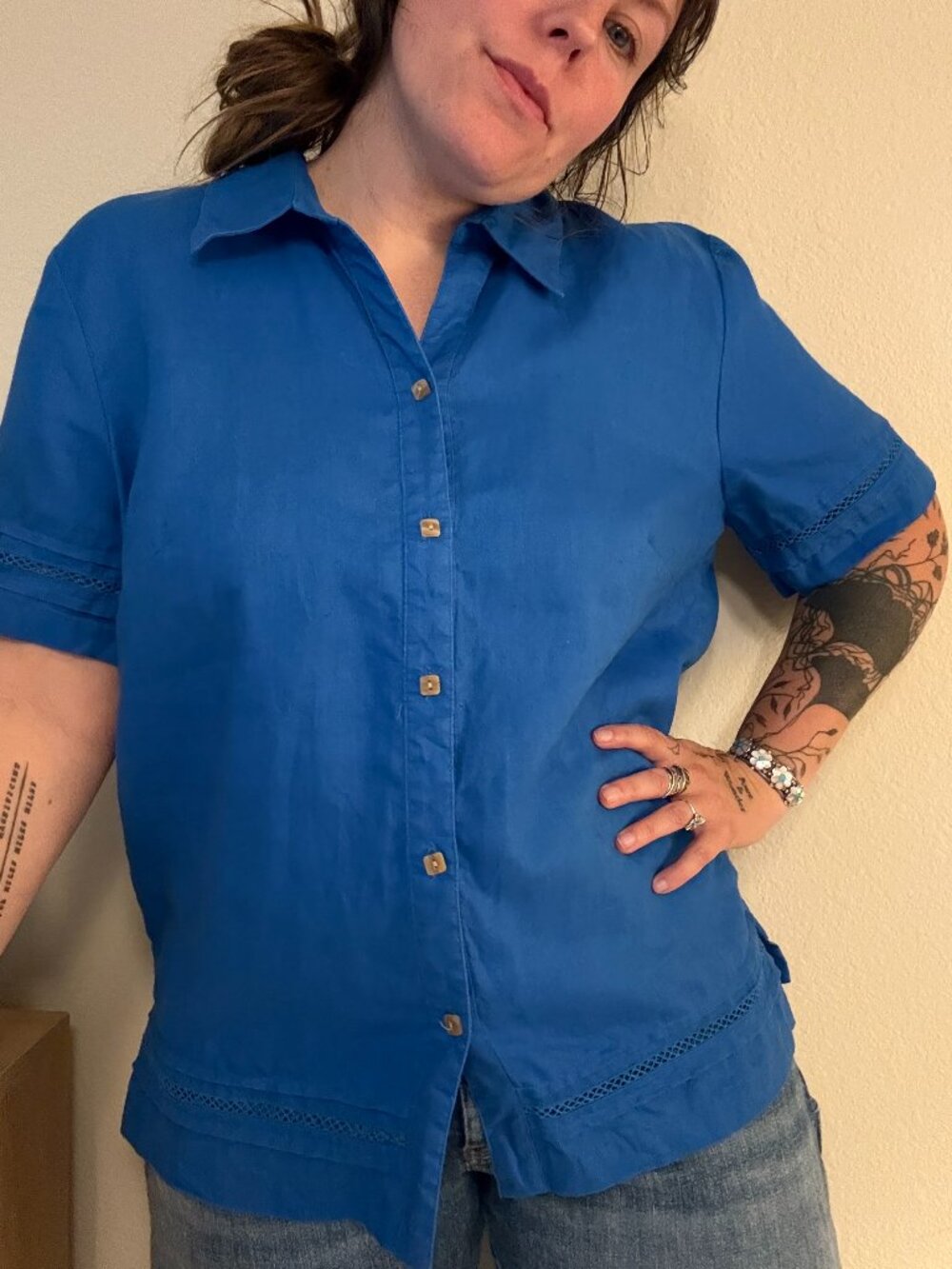 PRICE FIRM Vintage Y2K Sag Harbor Bright Blue Linen Short SLeeve Button Down